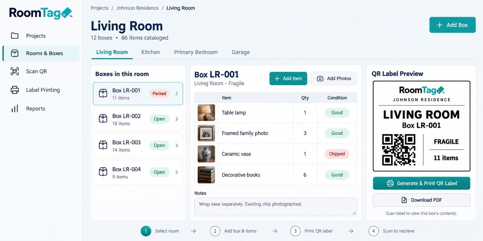 Supplied original RoomTag product-design mockup showing the sidebar, room tabs, box list, item photo table, notes and full QR label preview