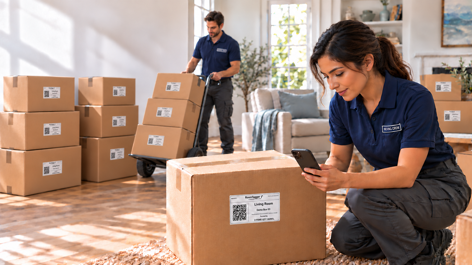 Generated illustration of uniformed moving-company employees: one holds a phone beside a labeled box while another moves stacked boxes on a dolly